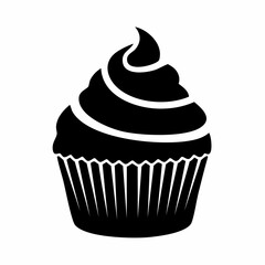 Cupcake silhouette. This image shows a simple black and white silhouette of a cupcake with a swirl of frosting, representing a bakery treat. Vector clipart illustration design.