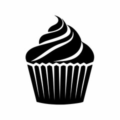Cupcake silhouette. This image shows a simple black and white silhouette of a cupcake with a swirl of frosting, representing a bakery treat. Vector clipart illustration design.