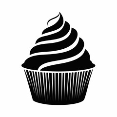 Cupcake silhouette. This image shows a simple black and white silhouette of a cupcake with a swirl of frosting, representing a bakery treat. Vector clipart illustration design.
