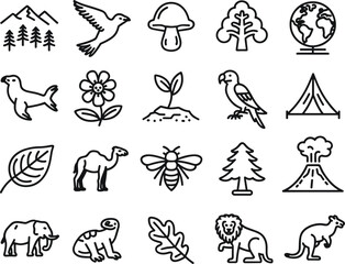Hand-drawn outline icons of nature elements and animals mountains trees