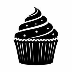Cupcake silhouette. This image shows a simple black and white silhouette of a cupcake with a swirl of frosting, representing a bakery treat. Vector clipart illustration design.