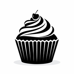 Cupcake silhouette. This image shows a simple black and white silhouette of a cupcake with a swirl of frosting, representing a bakery treat. Vector clipart illustration design.