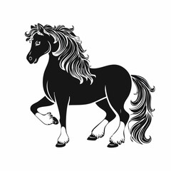 Shetland pony silhouette. A black silhouette image of a Shetland pony, also known as a small horse breed, symbolizing rustic charm and equestrian beauty. Vector clipart black illustration design.