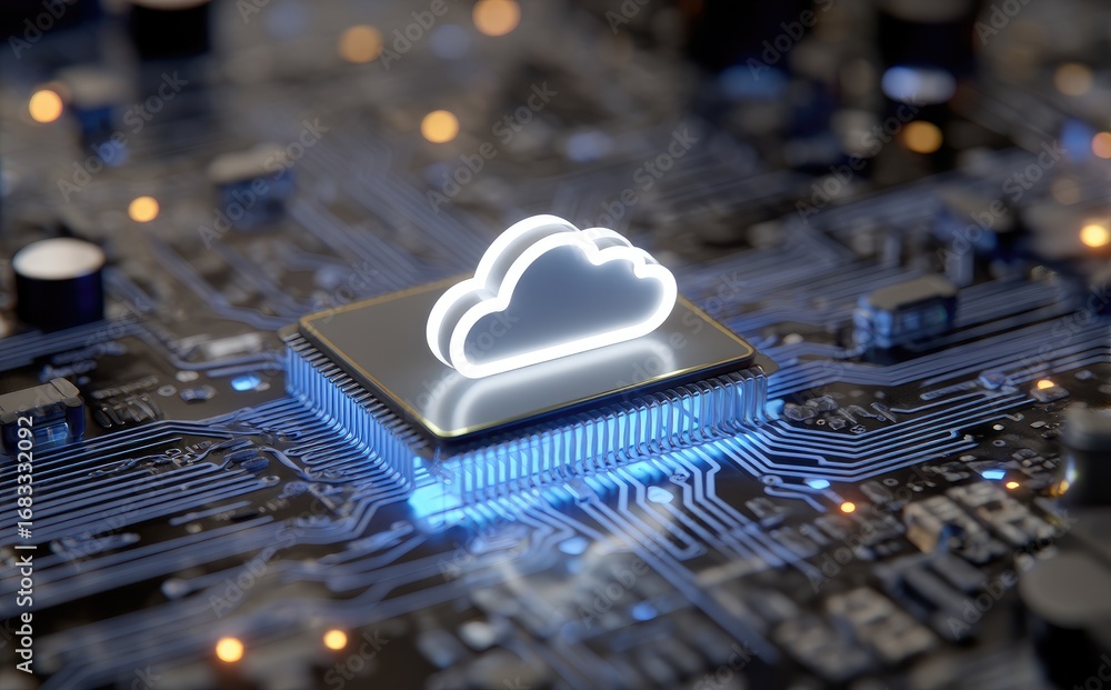 Aufkleber 3d render of luminous cloud icon placed on a microchip inside a circuit board, illustrating cloud co