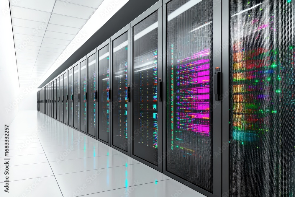 Aufkleber 3d rendering of futuristic server room with glowing data streams on cabinet doors, symbolizing cloud