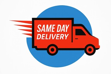 Bright red delivery truck with same day delivery text speeding across a blue circle background