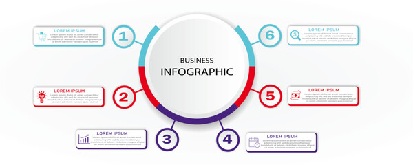 Business infographic circular 6 steps timeline process with icons | Abstract business white diagram with creative circle border | Modern vector illustration for presentation, business process