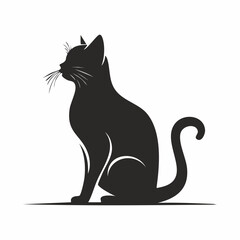 Cat silhouette sitting. A black silhouette of a sitting cat in a calm and relaxed posture with visible tail and ears. Vector clipart black illustration design.