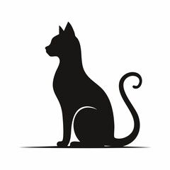 Cat silhouette sitting. A black silhouette of a sitting cat in a calm and relaxed posture with visible tail and ears. Vector clipart black illustration design.