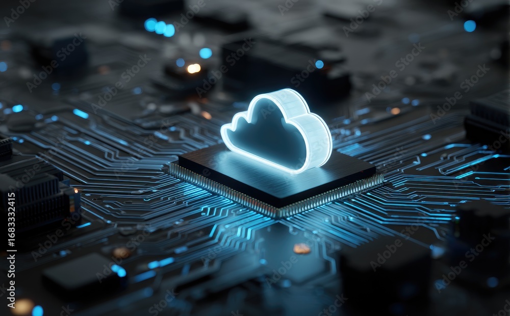 Aufkleber 3d render of glowing cloud icon placed on a microchip within a futuristic circuit board, illustratin