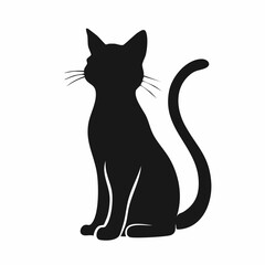 Cat silhouette sitting. A black silhouette of a sitting cat in a calm and relaxed posture with visible tail and ears. Vector clipart black illustration design.