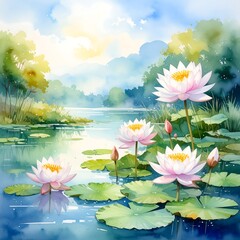 A serene water lily pond scene, painted with delicate watercolor strokes, evokes a tranquil and peaceful mood.