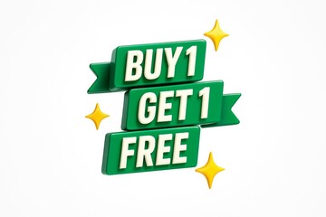 Green 3d stacked banners with white text announcing buy one get one free sale with sparkling starbursts on white background