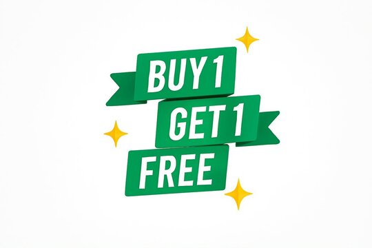 Green banner with buy one get one free text and sparkling starbursts for promotional advertising