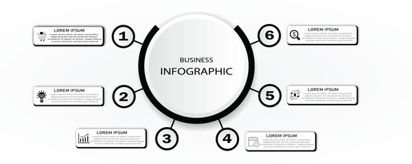 Business infographic circular 6 steps timeline process with icons | Abstract business white diagram with black circle border | Modern vector illustration for presentation, business process