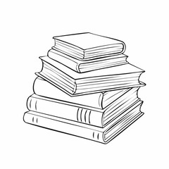 Books stacked drawing. It is a black and white outline image depicting a tall stack of books, symbolizing knowledge and education. Vector sketch line art draw.