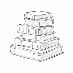 Books stacked drawing. It is a black and white outline image depicting a tall stack of books, symbolizing knowledge and education. Vector sketch line art draw.