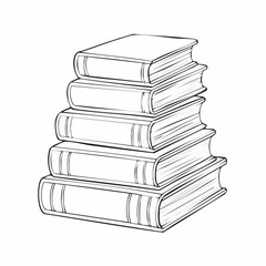 Books stacked drawing. It is a black and white outline image depicting a tall stack of books, symbolizing knowledge and education. Vector sketch line art draw.