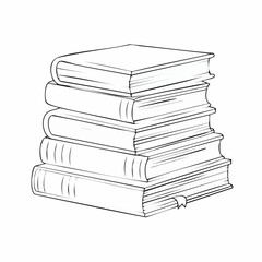 Books stacked drawing. It is a black and white outline image depicting a tall stack of books, symbolizing knowledge and education. Vector sketch line art draw.