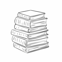 Books stacked drawing. It is a black and white outline image depicting a tall stack of books, symbolizing knowledge and education. Vector sketch line art draw.