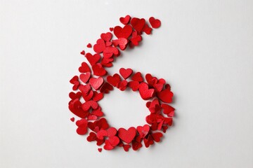 Obraz premium number six made of papery tiny hearts on white background