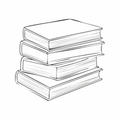 Books stacked drawing. It is a black and white outline image depicting a tall stack of books, symbolizing knowledge and education. Vector sketch line art draw.
