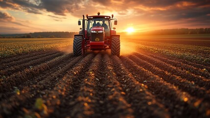 Obraz premium A red tractor furrows the rich earth as the sun sets, creating a warm glow over the expansive farmland