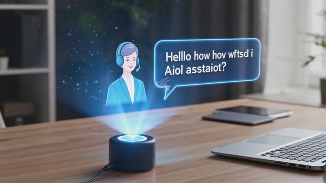 Holographic virtual assistant projected from smart speaker on wooden desk with laptop and tablet in modern room. Artificial intelligence and voice interaction concept. Design for banner, poster, heade