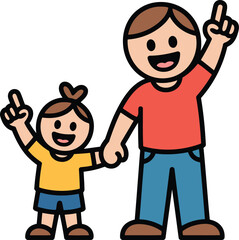 Father and Child Walking Together Outline Illustration on Transparent Background