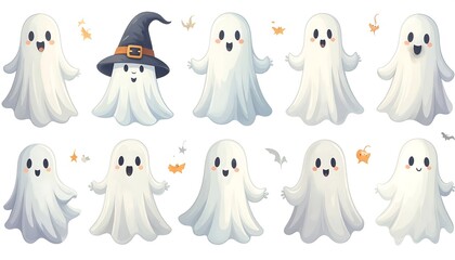 A collection of twelve cheerful, cartoon ghosts in various poses, set against a white background, perfect for Halloween-themed designs.