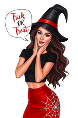 Beautiful witch girl in black hat, glamorous Halloween fashion illustration, spooky chic with lettering