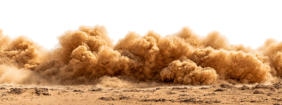 A dramatic cloud of sand erupts from the desert landscape