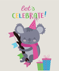 Let's Celebrate  Illustration with Koala Holding Tree Stick and Wear Scarf, Party Hat