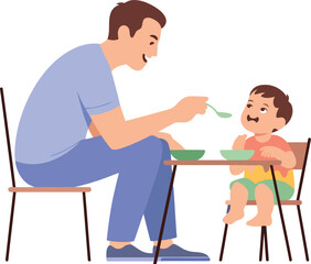Fototapeta premium Father Feeds Child at Table with Spoon in a Loving and Supportive Family Moment