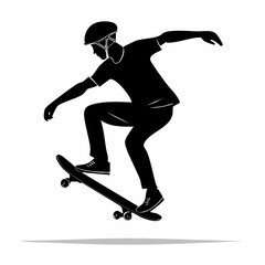 Skateboarder silhouette. This image shows a black silhouette of a skateboarder performing a trick, showcasing balance, agility, and dynamic motion. Vector clipart illustration design.