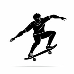 Skateboarder silhouette. This image shows a black silhouette of a skateboarder performing a trick, showcasing balance, agility, and dynamic motion. Vector clipart illustration design.