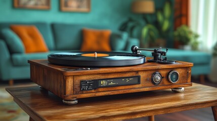 A nostalgic record player turns on a wooden table in a stylish living room