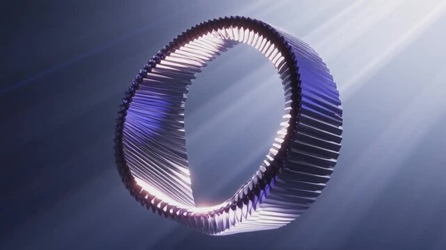 3D abstract spiral structure made of metallic ribbed elements in blue and purple shades on gradient background. Futuristic geometric design and digital art concept. Design for wallpaper, banner, poste