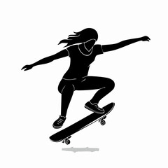 Skateboarder silhouette. This image shows a black silhouette of a skateboarder performing a trick, showcasing balance, agility, and dynamic motion. Vector clipart illustration design.