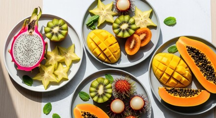 Exotic fruit display kitchen table food photography bright environment close-up view healthy eating