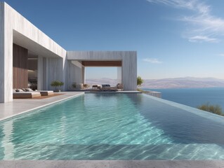 A large swimming pool with a white house in the background. The pool is surrounded by a deck and has a view of the ocean