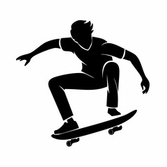 Fototapeta premium Skateboarder silhouette. This image shows a black silhouette of a skateboarder performing a trick, showcasing balance, agility, and dynamic motion. Vector clipart illustration design.