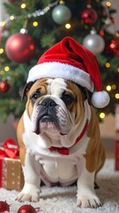 A jolly bulldog, adorned with a festive Santa hat, sits patiently by a Christmas tree.