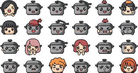 Cartoon pots and people with expressive faces arranged on a grid