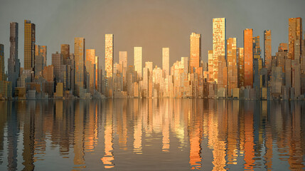 Fototapeta premium A 3D cityscape of transparent cubes shifts and evolves, representing the growth and continuous change in urban environments, highlighted by a glowing backdrop.