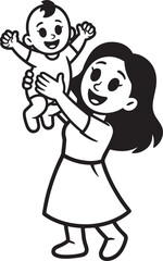Mother Holding Baby, Cartoon Illustration of Parent and Child Bonding Moment