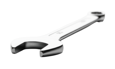 Close Up of a Shiny Chrome Open Ended Spanner Wrench cutout isolated on transparent bg, png