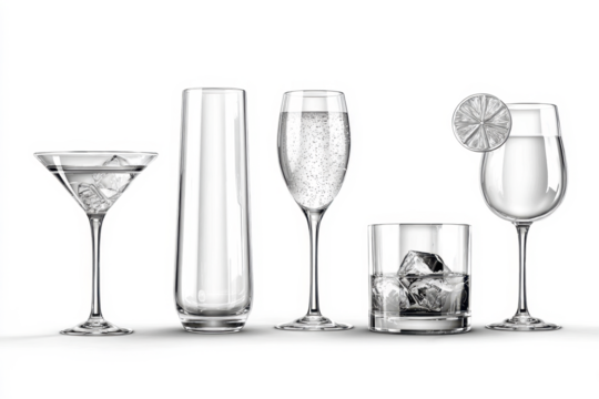 Empty cocktail glass PNG set bundle, transparent isolated background. Mixology, bar inventory glassware, various drink glasses collection. Highball, rocks, martini, champagne, old fashioned, tumbler