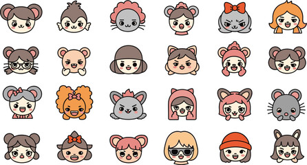 Cartoon animal characters with human features set in a grid pattern. Vector illustration of cute animal creatures.