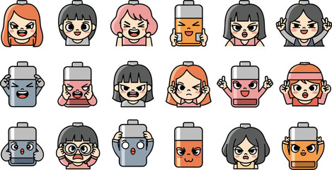 Cartoon batteries with human faces express varied emotions in a grid layout.